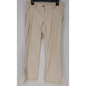 Cache Beige Mid Rise Flare Leg Ankle Zip Cargo Pants Y2K Utility Women 10